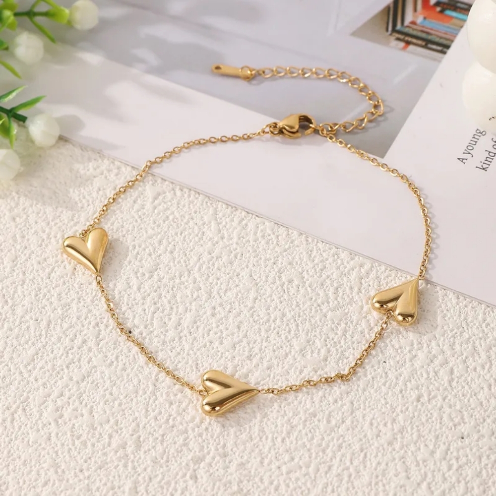 Gold Dainty Triple Heart Charm Ankle Bracelet Minimalist Adjustable Summer Vibe - Picture 4 of 12